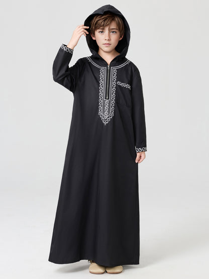 Boys' Embroidered Zip-Up Thobe with Hood | MSL553 | Hojumbo