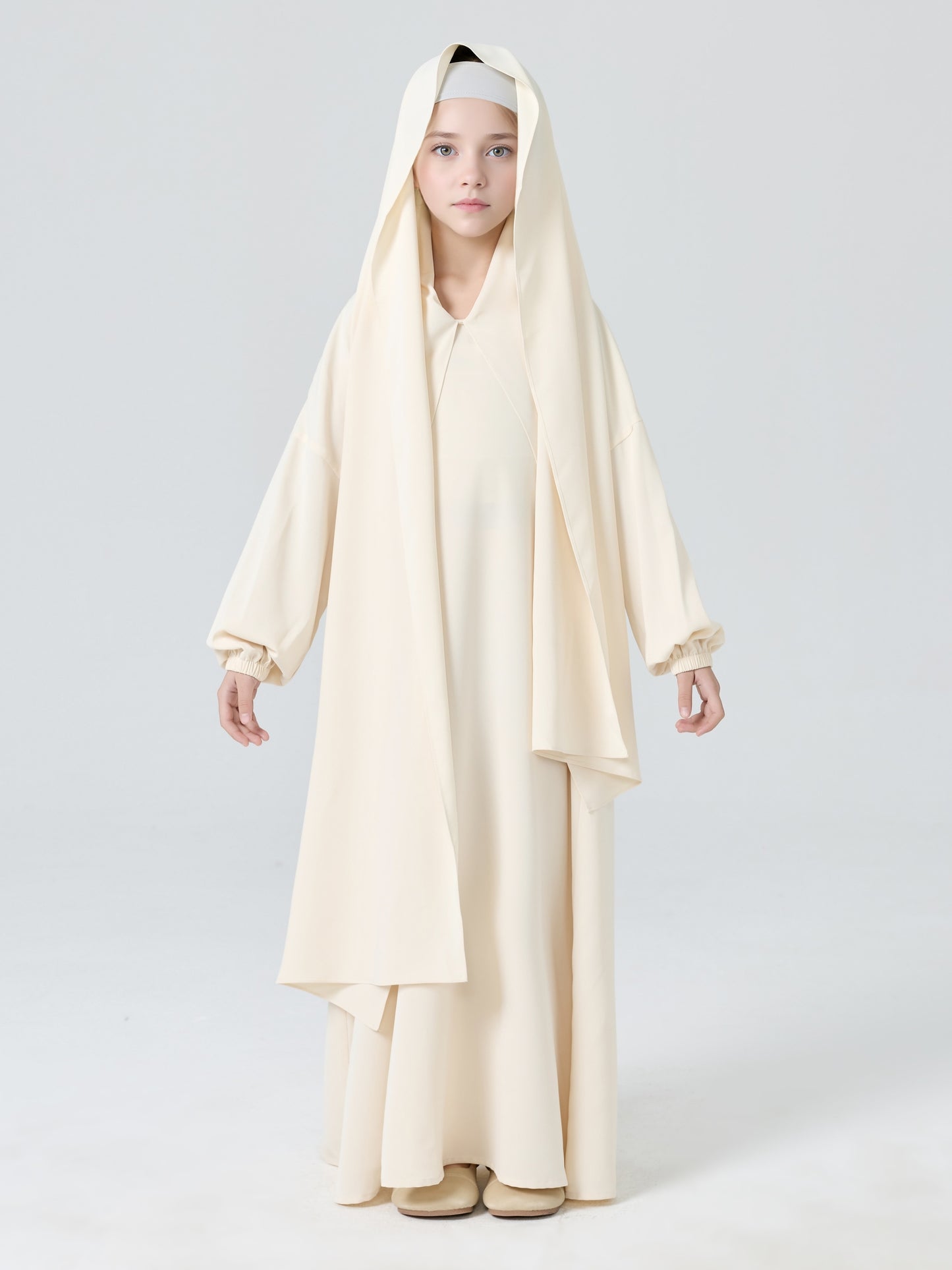 MK2654 Girls Abaya - Round Neck, Pleated, Lantern Sleeve | Hojumbo
