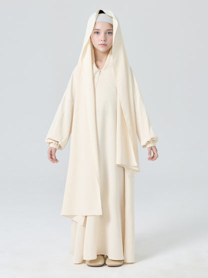 MK2654 Girls Abaya - Round Neck, Pleated, Lantern Sleeve | Hojumbo