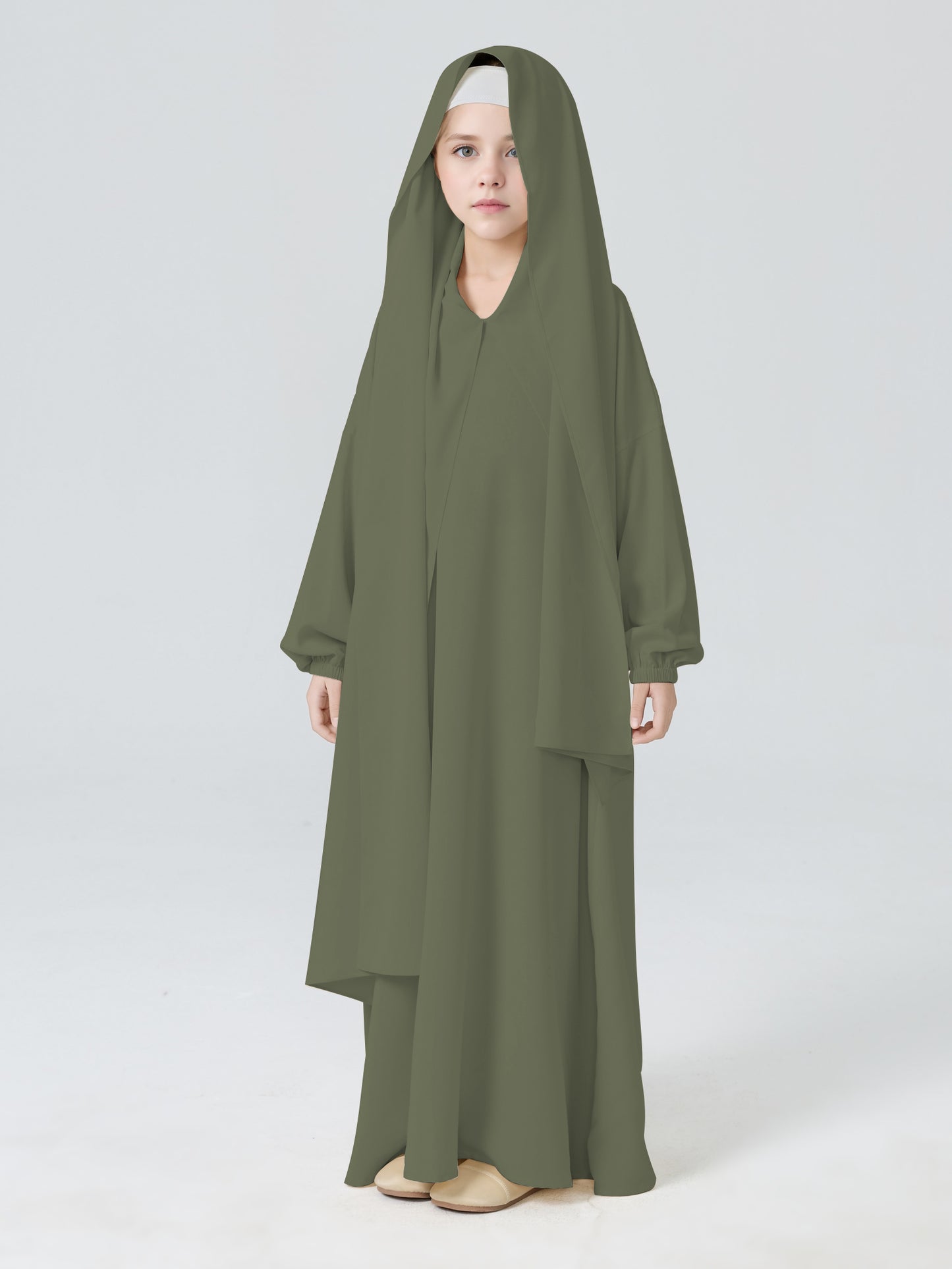 MK2654 Girls Abaya - Round Neck, Pleated, Lantern Sleeve | Hojumbo