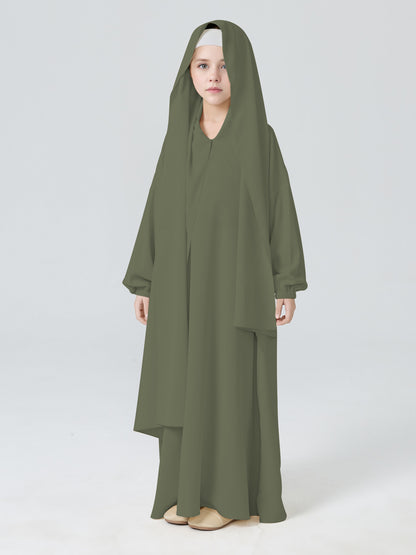 MK2654 Girls Abaya - Round Neck, Pleated, Lantern Sleeve | Hojumbo