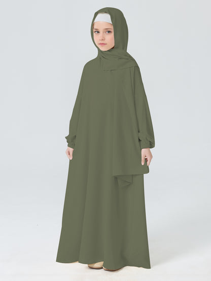 MK2654 Girls Abaya - Round Neck, Pleated, Lantern Sleeve | Hojumbo