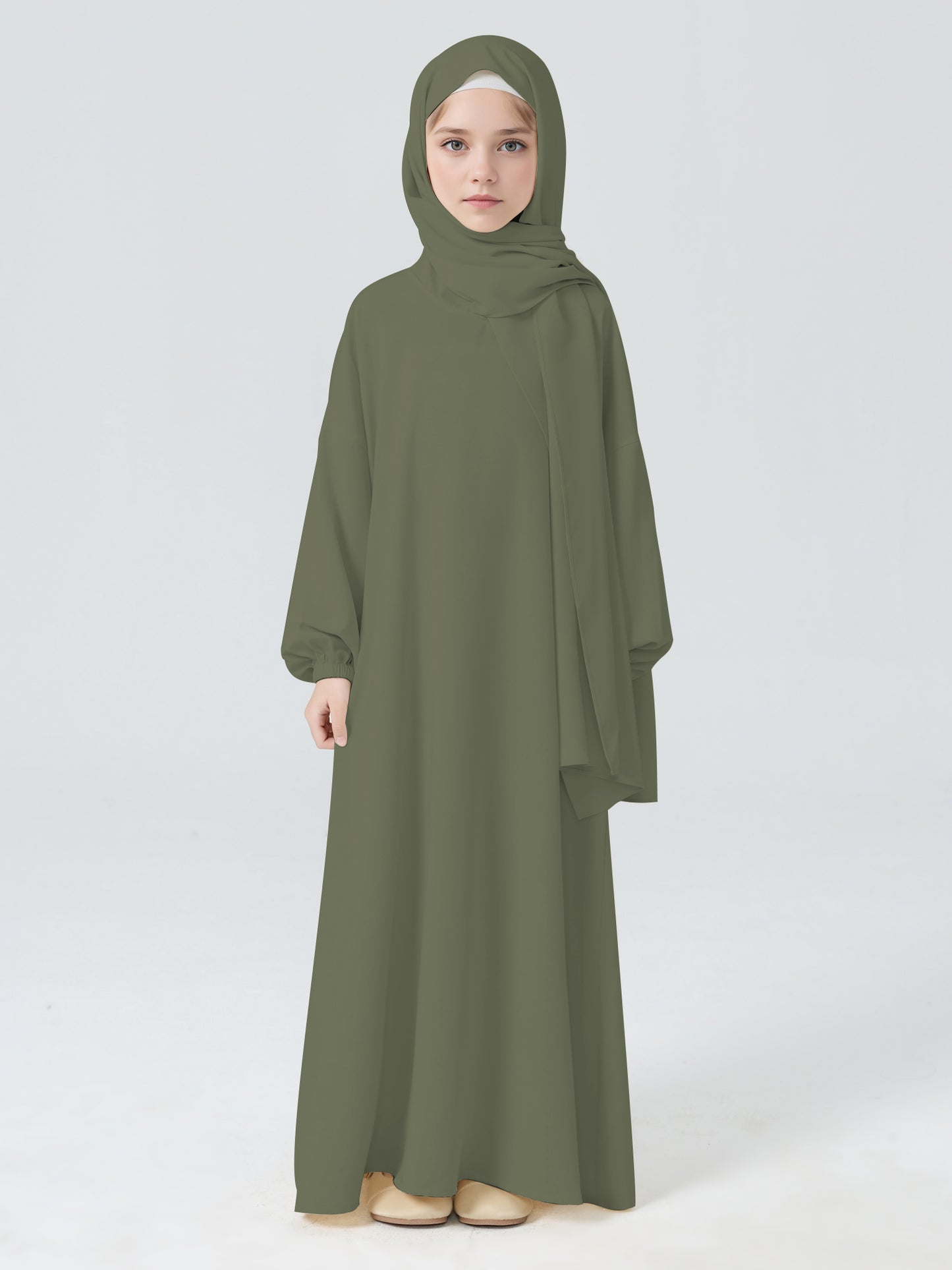 MK2654 Girls Abaya - Round Neck, Pleated, Lantern Sleeve | Hojumbo