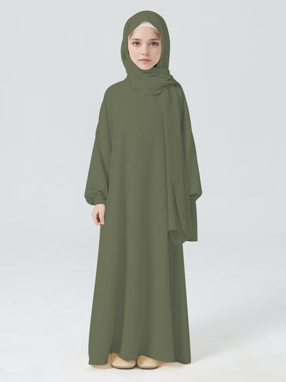 MK2654 Girls Abaya - Round Neck, Pleated, Lantern Sleeve | Hojumbo