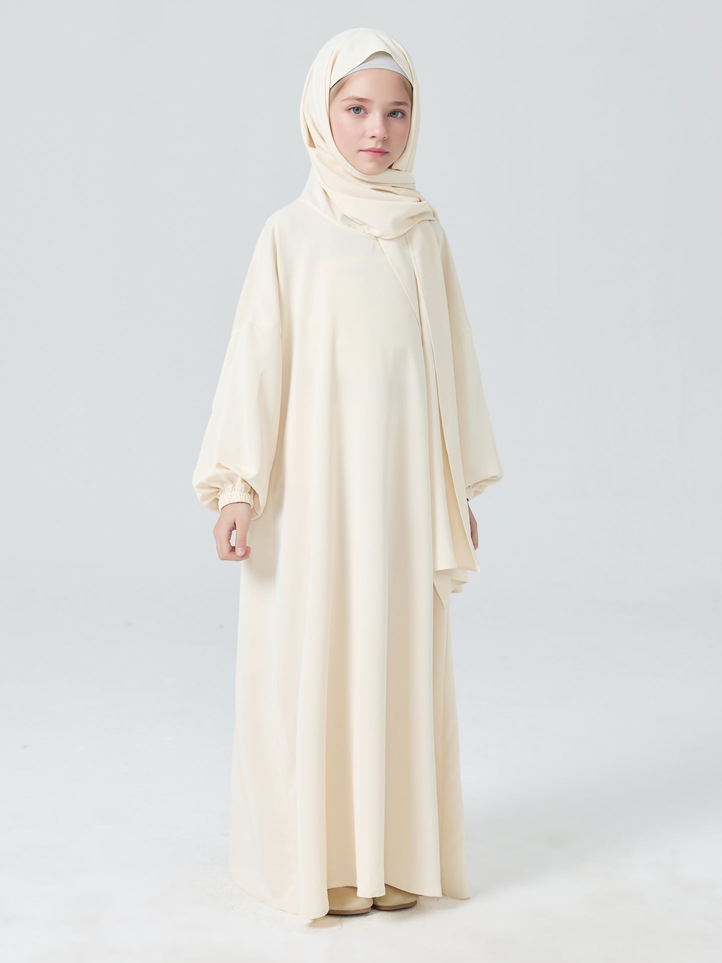 MK2654 Girls Abaya - Round Neck, Pleated, Lantern Sleeve | Hojumbo