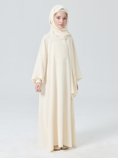 MK2654 Girls Abaya - Round Neck, Pleated, Lantern Sleeve | Hojumbo