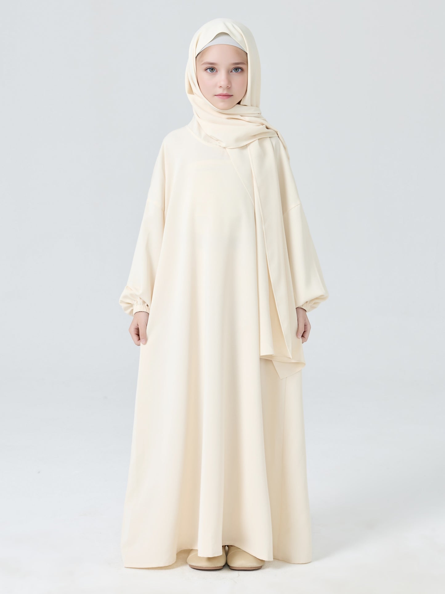MK2654 Girls Abaya - Round Neck, Pleated, Lantern Sleeve | Hojumbo