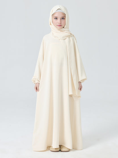 MK2654 Girls Abaya - Round Neck, Pleated, Lantern Sleeve | Hojumbo