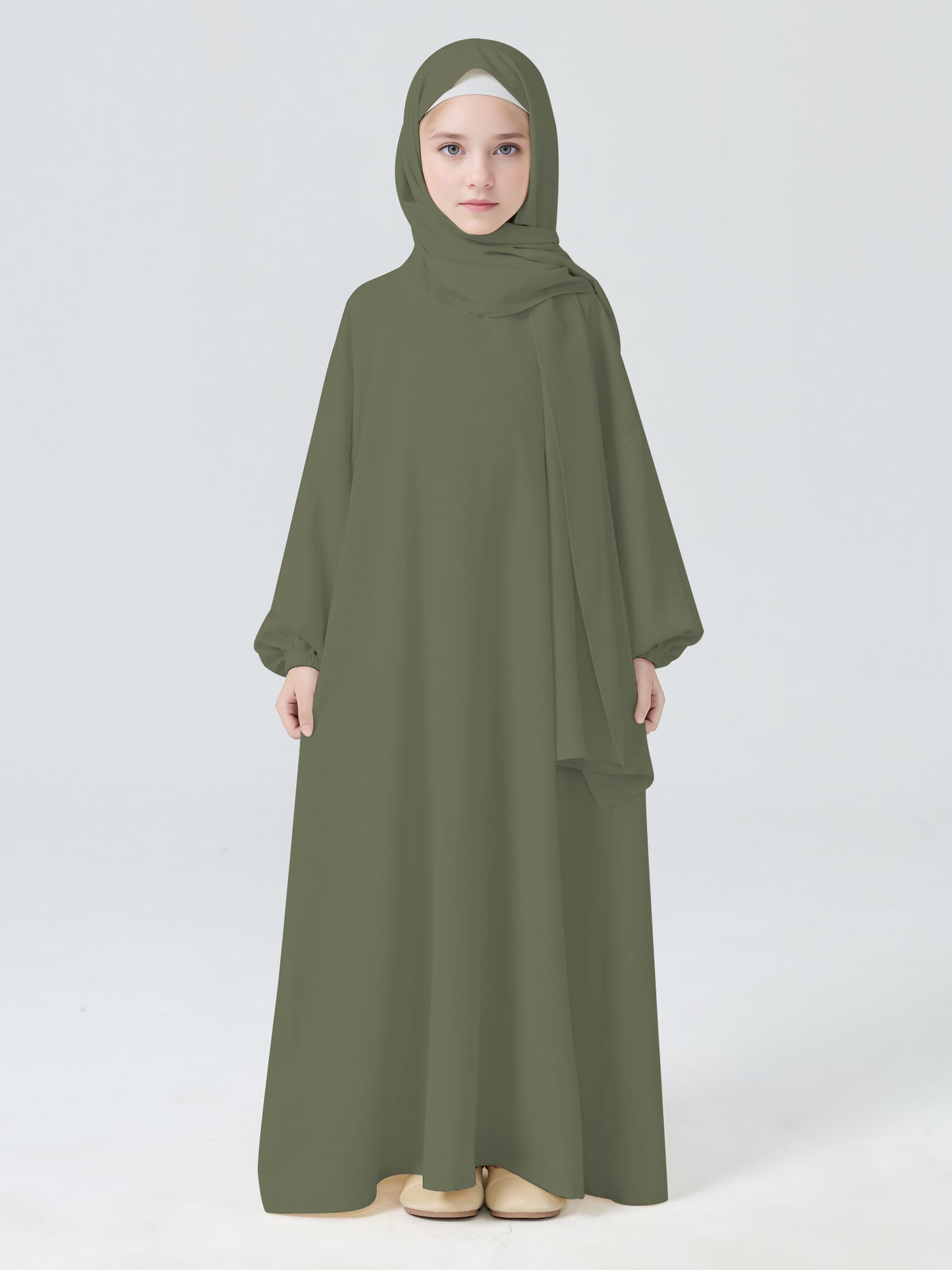 MK2654 Girls Abaya - Round Neck, Pleated, Lantern Sleeve | Hojumbo