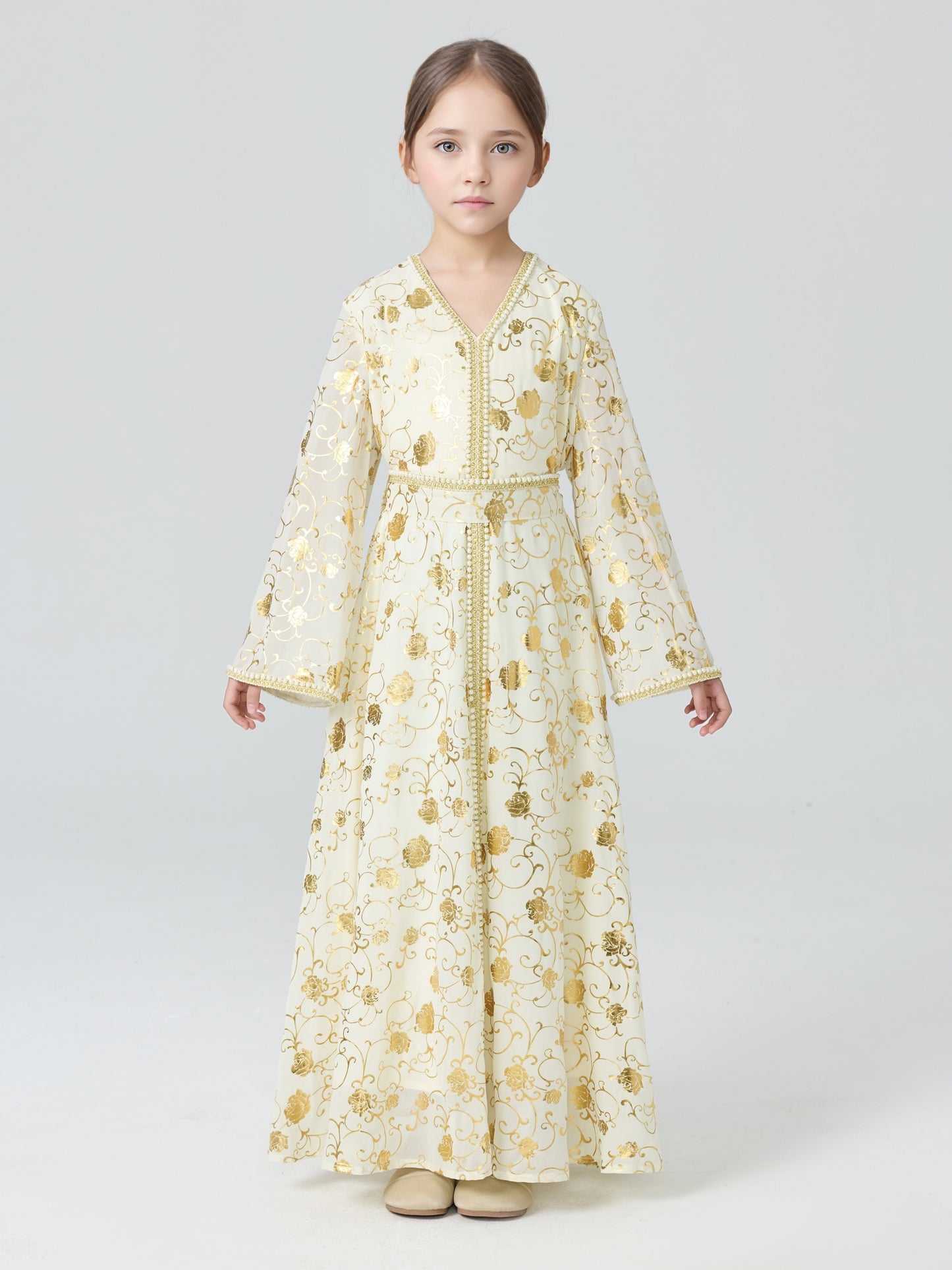 MSL4111 Girls Abaya - Gold Foil, Floral, Beaded, Loose Fit | Hojumbo