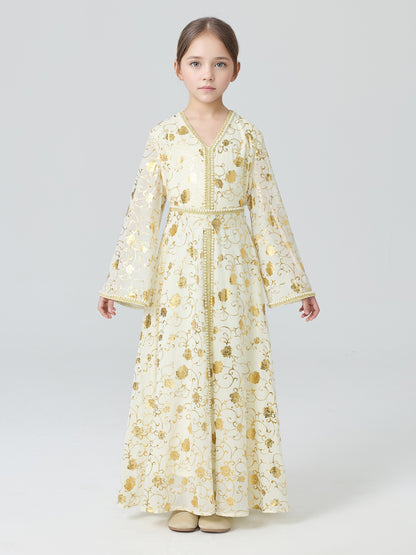 MSL4111 Girls Abaya - Gold Foil, Floral, Beaded, Loose Fit | Hojumbo