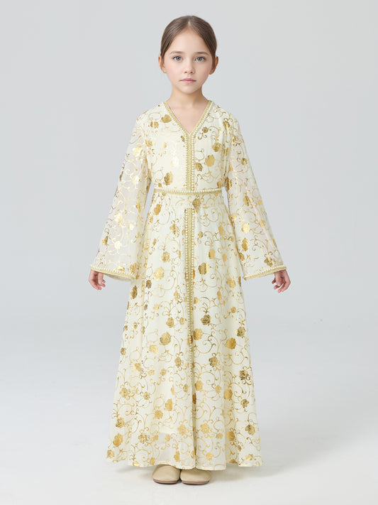 MSL4111 Girls Abaya - Gold Foil, Floral, Beaded, Loose Fit | Hojumbo