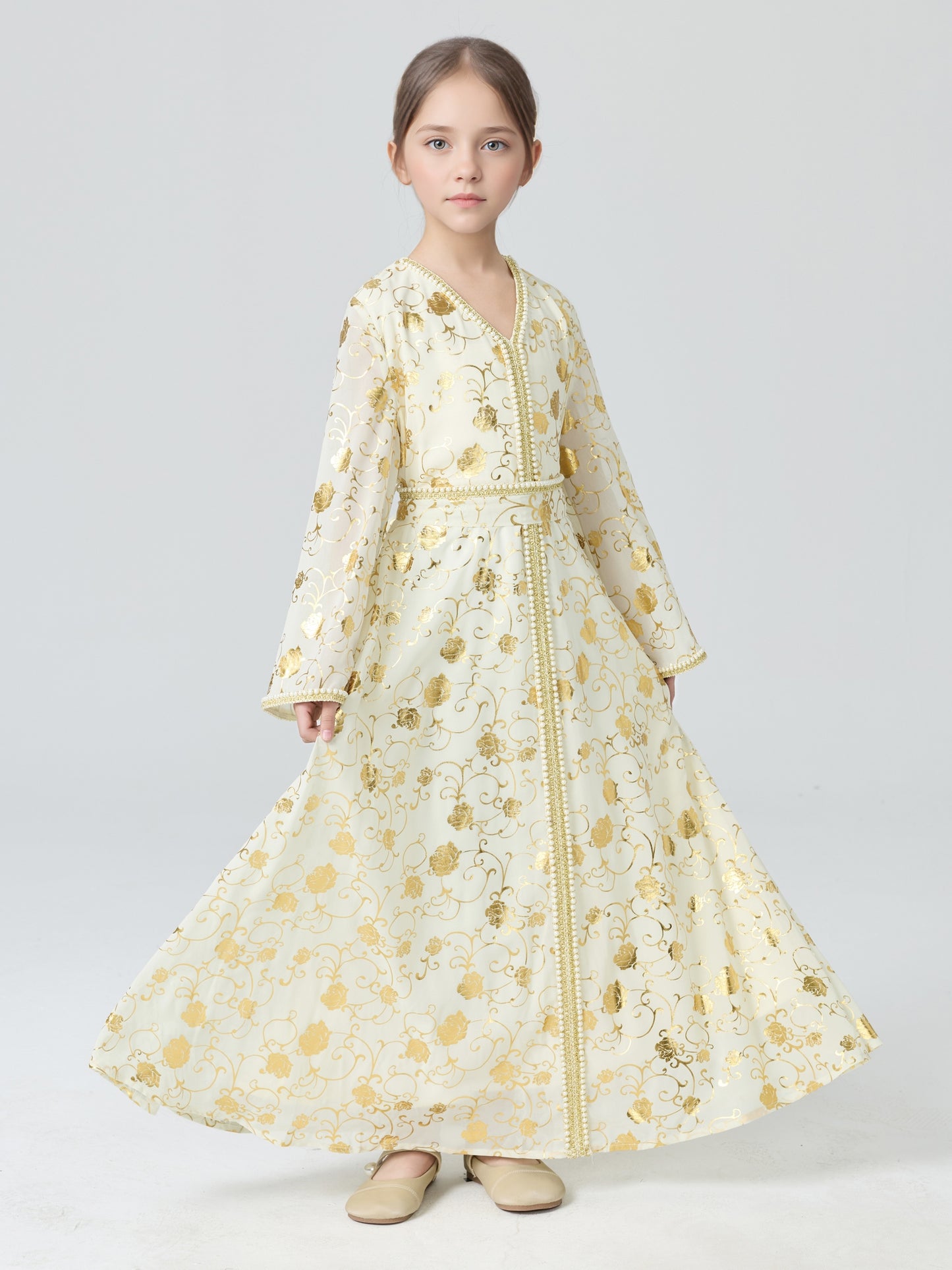 MSL4111 Girls Abaya - Gold Foil, Floral, Beaded, Loose Fit | Hojumbo