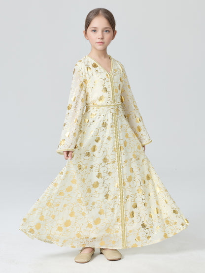 MSL4111 Girls Abaya - Gold Foil, Floral, Beaded, Loose Fit | Hojumbo