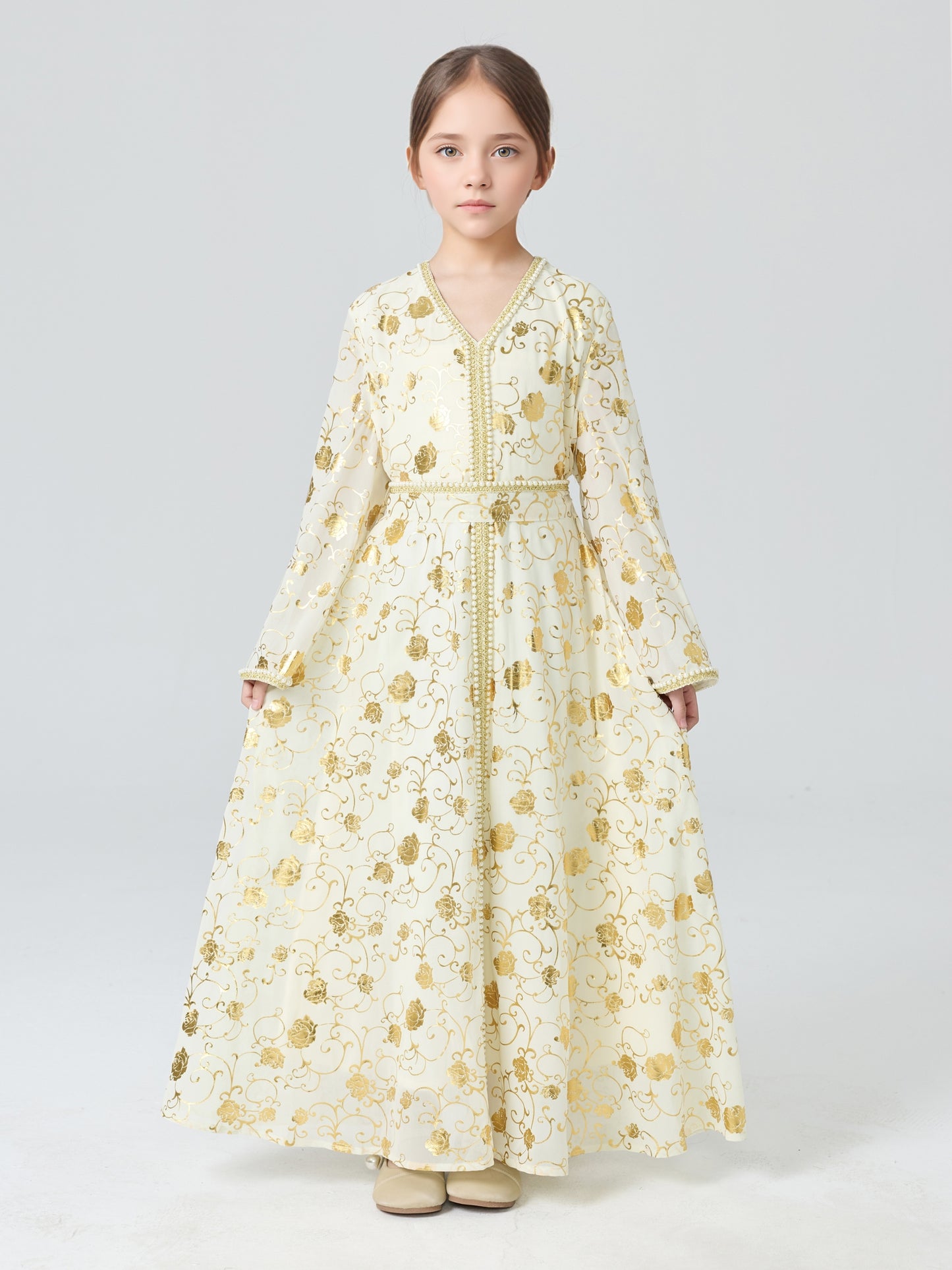 MSL4111 Girls Abaya - Gold Foil, Floral, Beaded, Loose Fit | Hojumbo