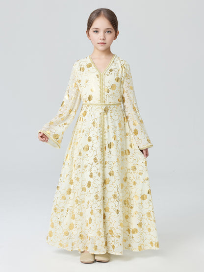 MSL4111 Girls Abaya - Gold Foil, Floral, Beaded, Loose Fit | Hojumbo