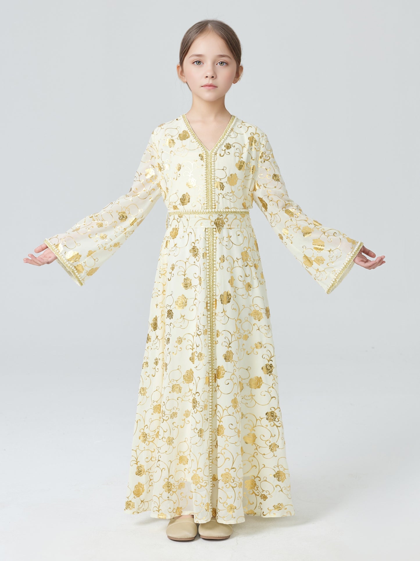 MSL4111 Girls Abaya - Gold Foil, Floral, Beaded, Loose Fit | Hojumbo