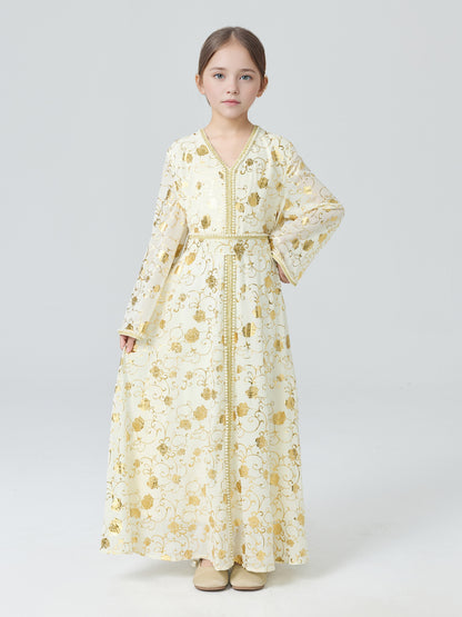 MSL4111 Girls Abaya - Gold Foil, Floral, Beaded, Loose Fit | Hojumbo