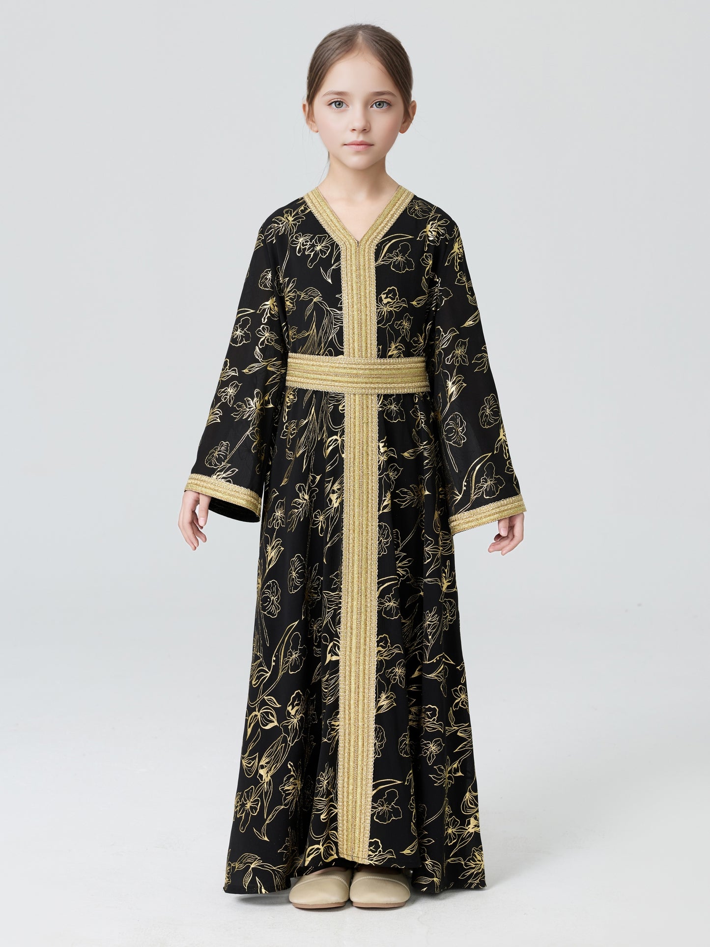 MSL411 Girls Abaya - V-Neck, Gold Foil Print | Hojumbo