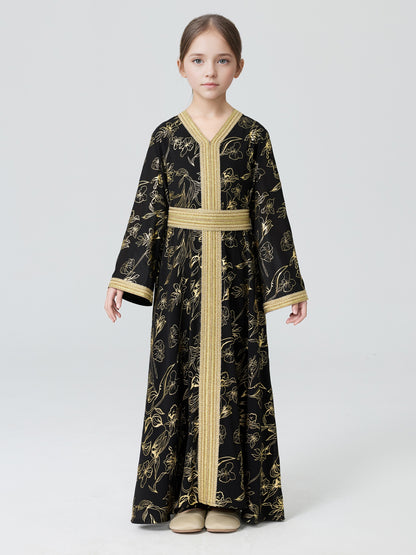 MSL411 Girls Abaya - V-Neck, Gold Foil Print | Hojumbo