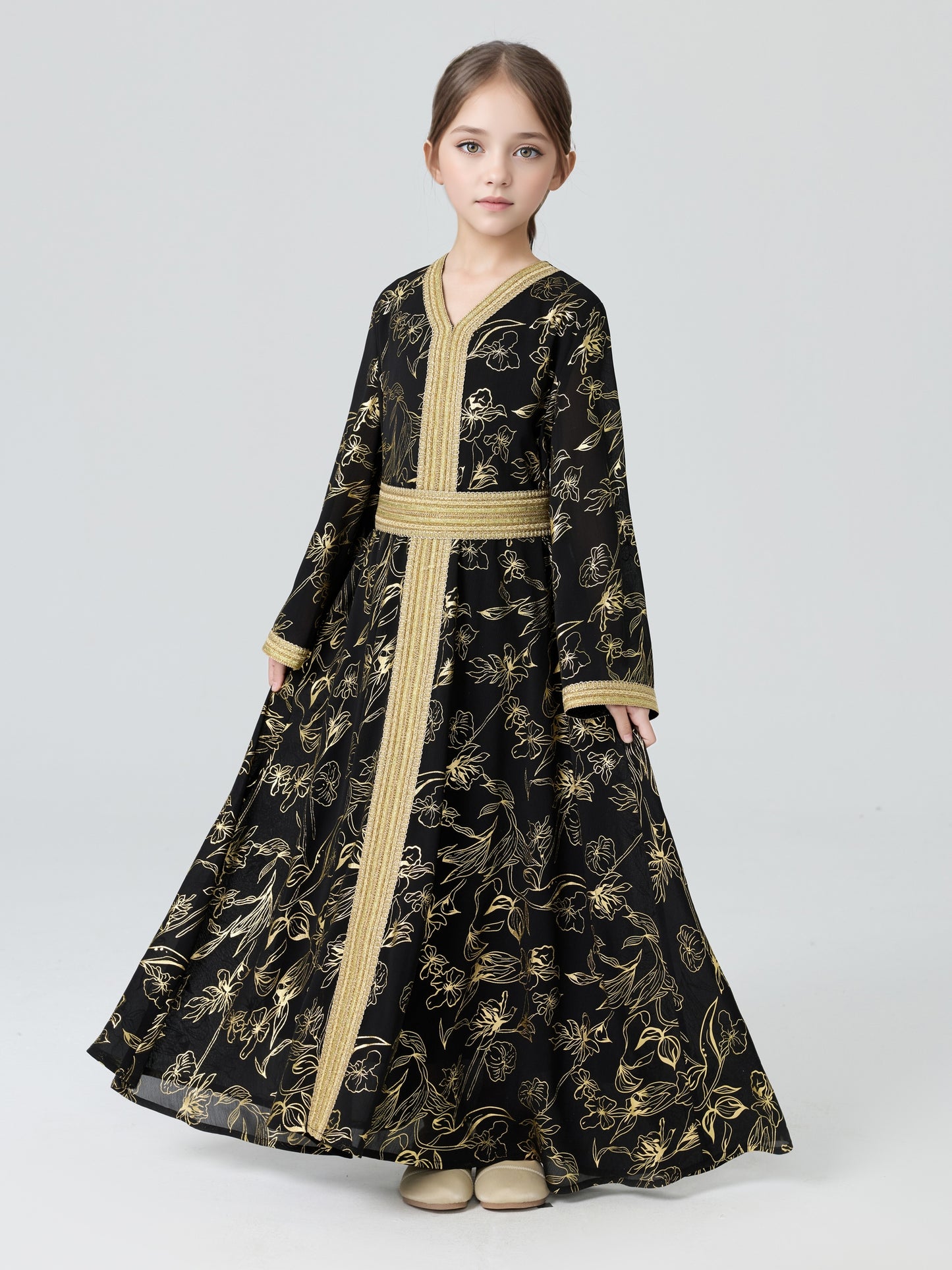MSL411 Girls Abaya - V-Neck, Gold Foil Print | Hojumbo