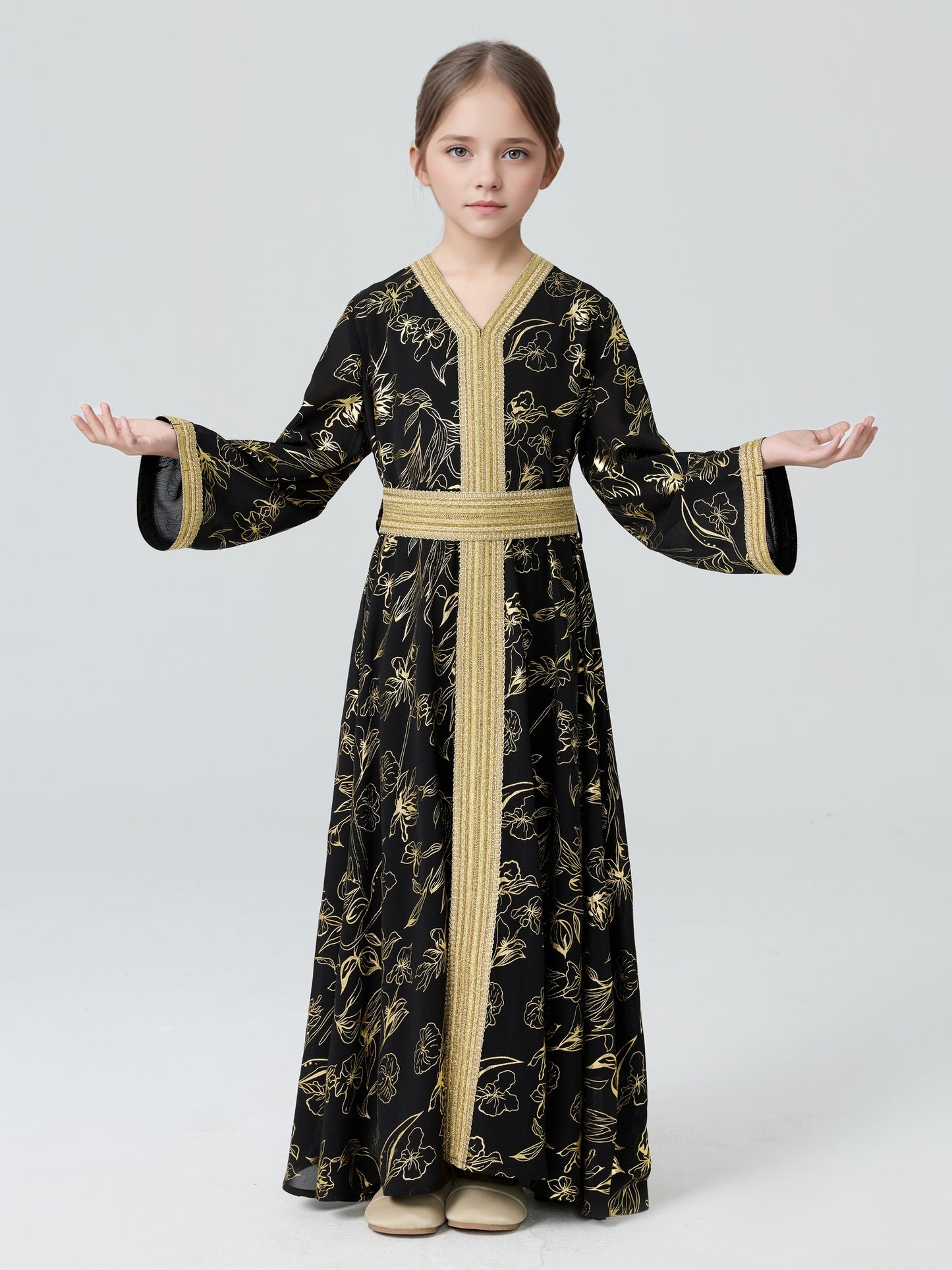 MSL411 Girls Abaya - V-Neck, Gold Foil Print | Hojumbo