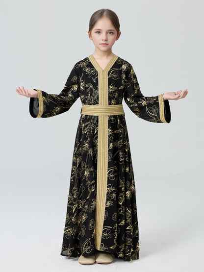 MSL411 Girls Abaya - V-Neck, Gold Foil Print | Hojumbo