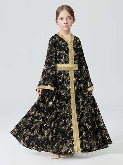MSL411 Girls Abaya - V-Neck, Gold Foil Print | Hojumbo