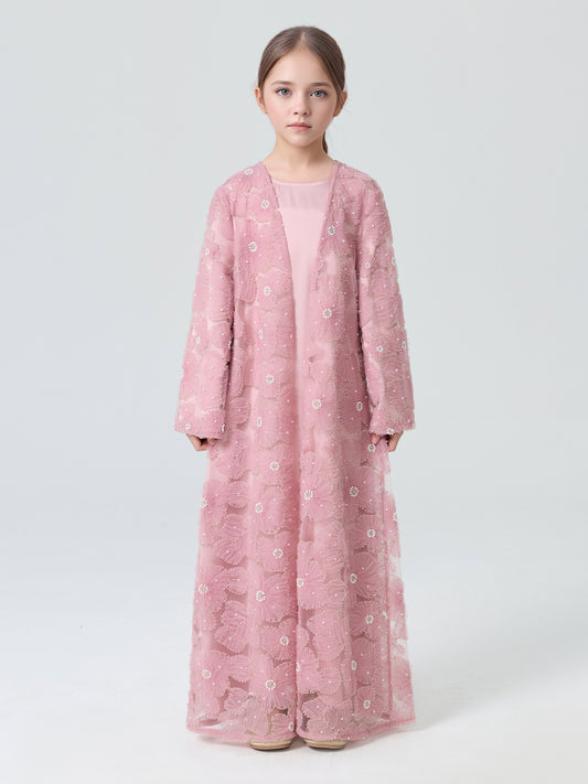 MK2653 Muslim Girl Set 2-Piece Satin Dress and Flower Beaded Cardigan Abaya