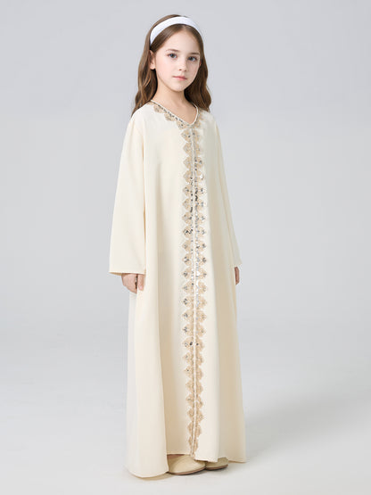 MK2636 Girls Abaya - V-Neck, Solid Color | Hojumbo