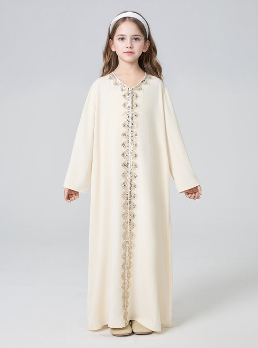 MK2636 Girls Abaya - V-Neck, Solid Color | Hojumbo