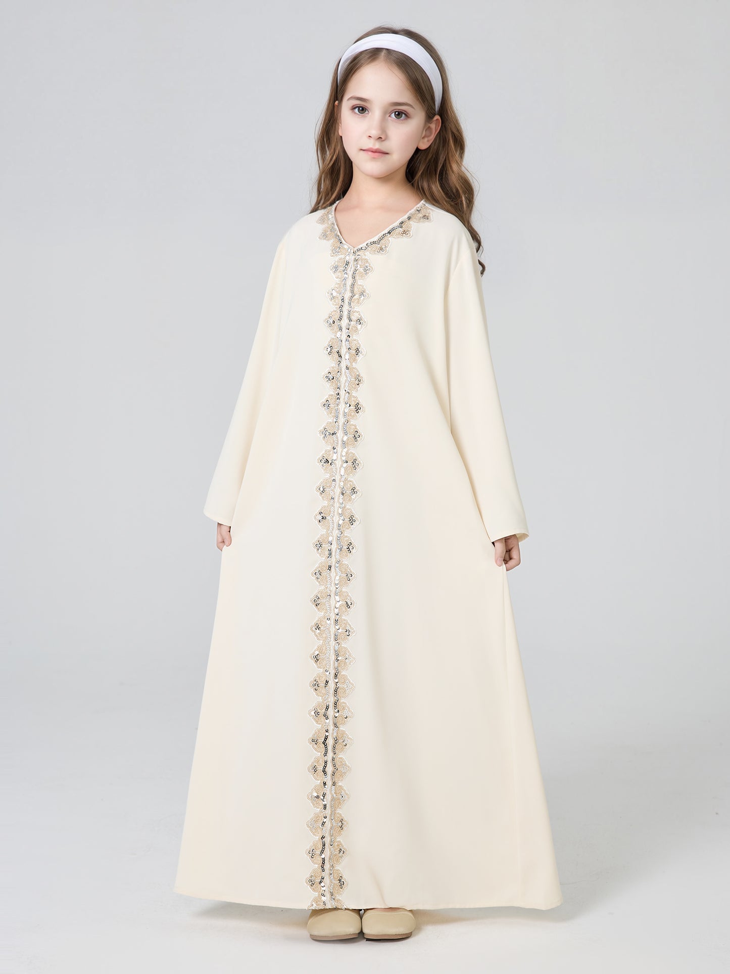 MK2636 Girls Abaya - V-Neck, Solid Color | Hojumbo