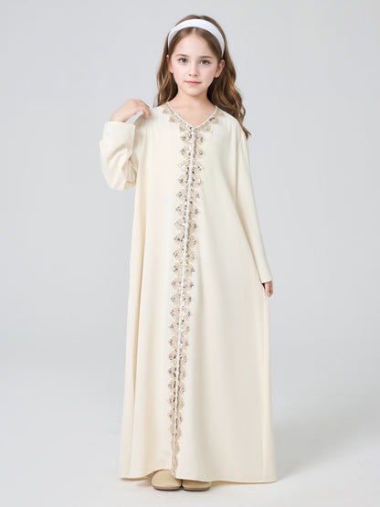 MK2636 Girls Abaya - V-Neck, Solid Color | Hojumbo