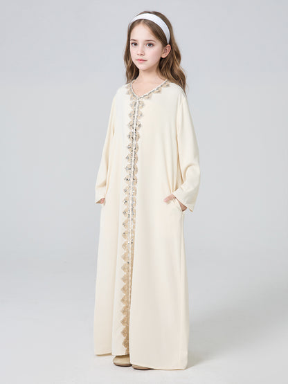 MK2636 Girls Abaya - V-Neck, Solid Color | Hojumbo