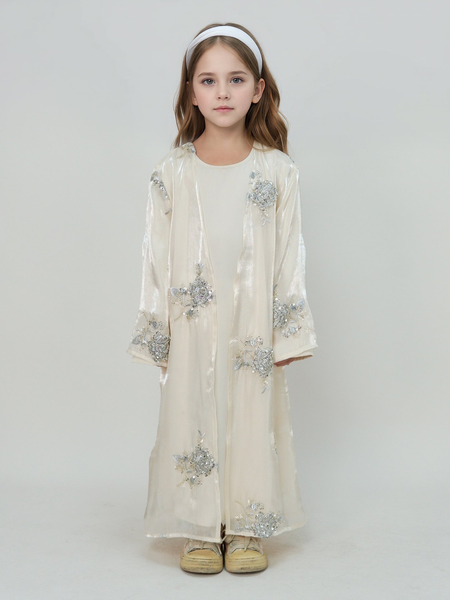 MK2525 Muslim Girl Set 2-Piece Satin Dress and Silver Rose Abaya