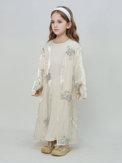 MK2525 Muslim Girl Set 2-Piece Satin Dress and Silver Rose Abaya