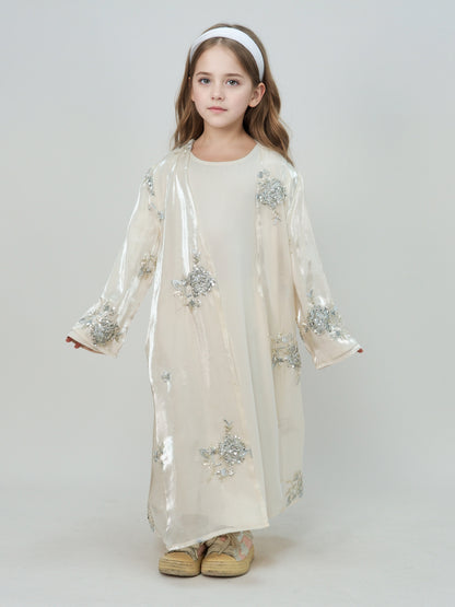 MK2525 Muslim Girl Set 2-Piece Satin Dress and Silver Rose Abaya