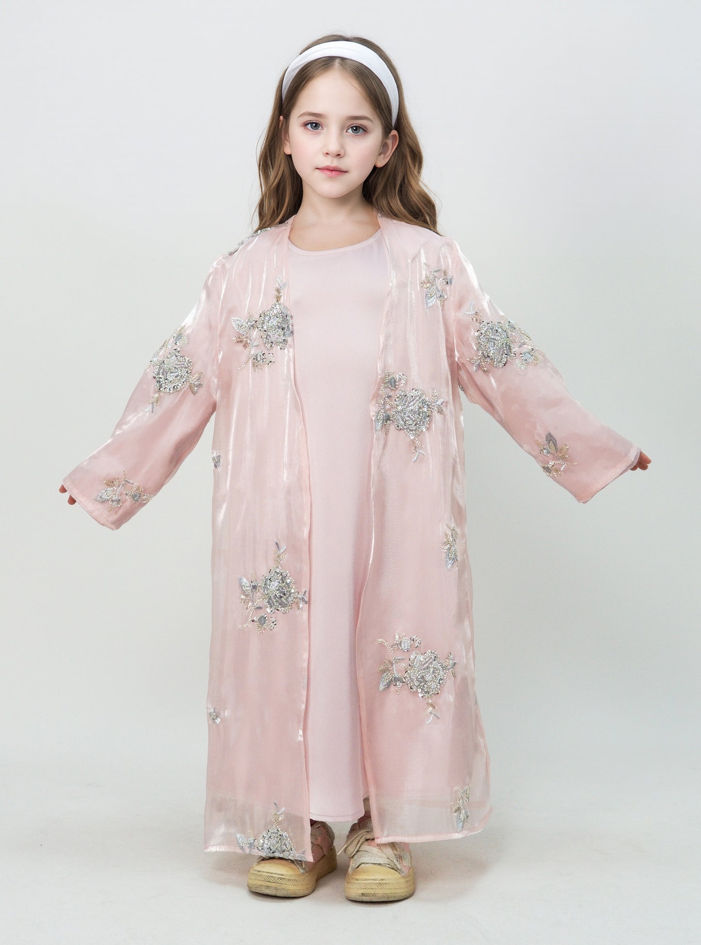 MK2525 Muslim Girl Set 2-Piece Satin Dress and Silver Rose Abaya