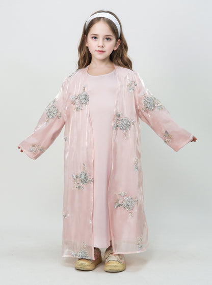 MK2525 Muslim Girl Set 2-Piece Satin Dress and Silver Rose Abaya