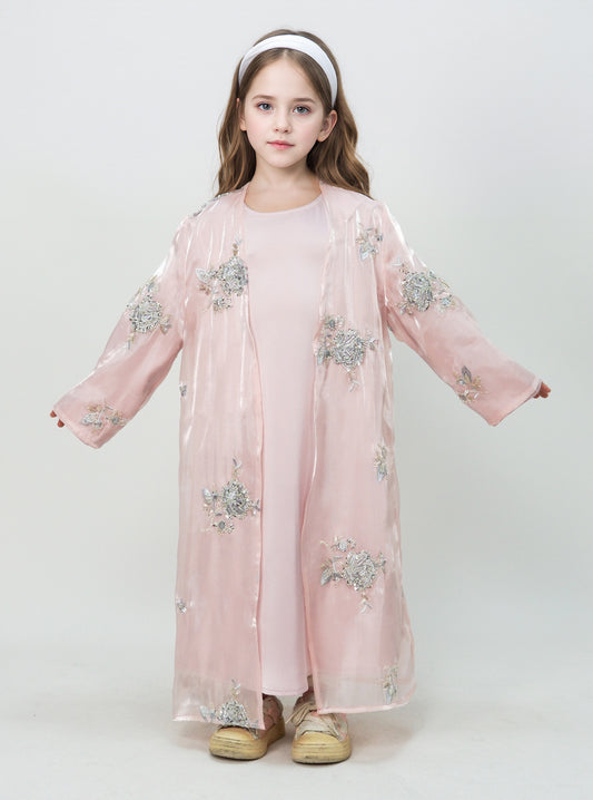 MK2525 Muslim Girl Set 2-Piece Satin Dress and Silver Rose Abaya