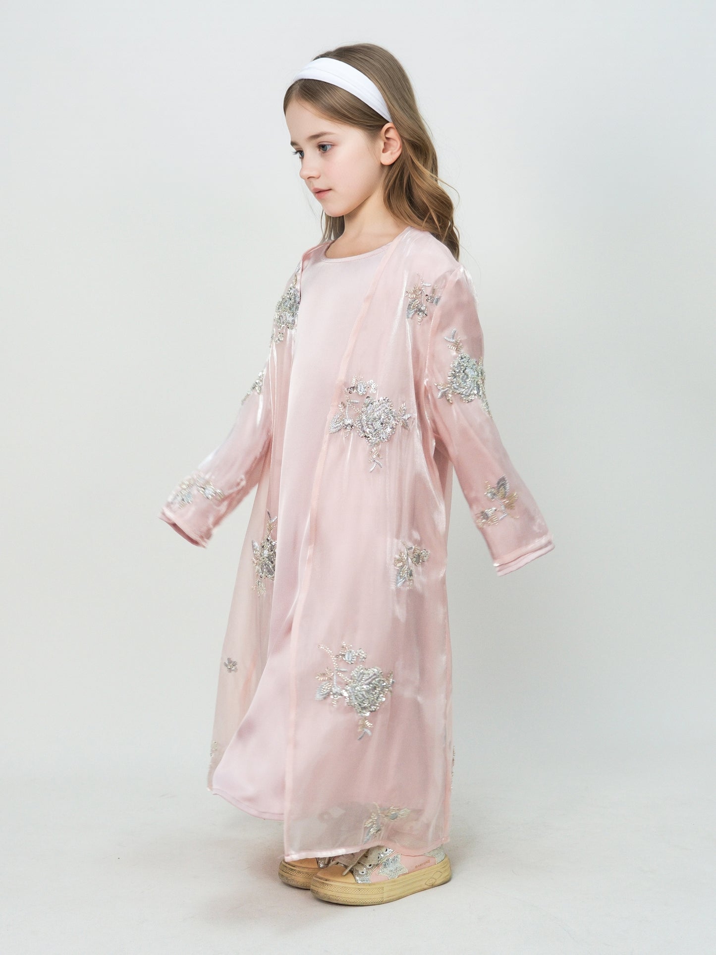 MK2525 Muslim Girl Set 2-Piece Satin Dress and Silver Rose Abaya