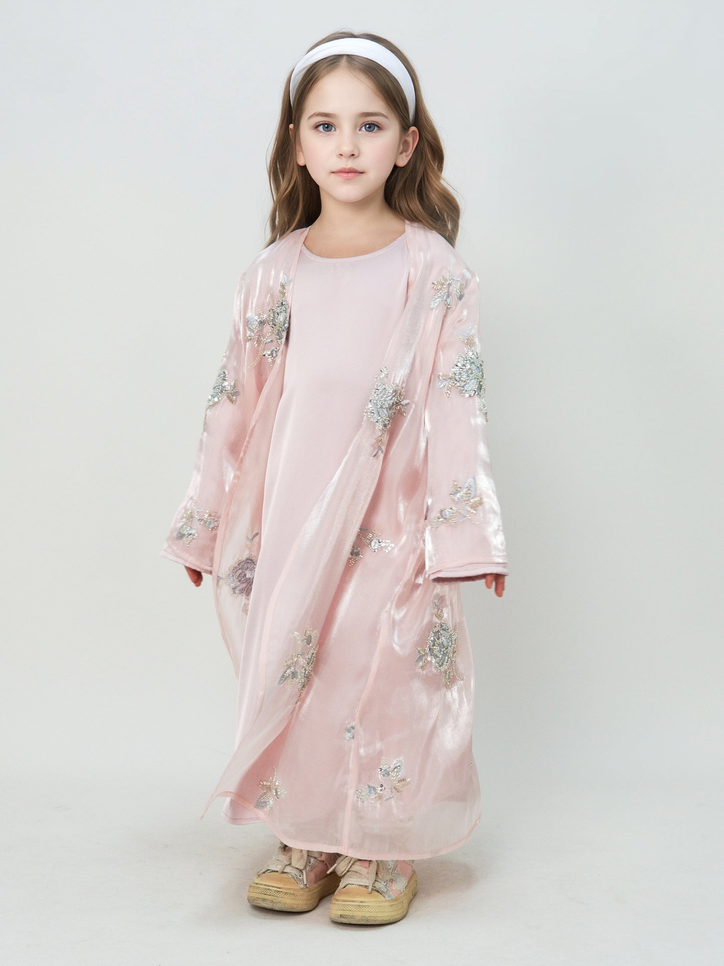 MK2525 Muslim Girl Set 2-Piece Satin Dress and Silver Rose Abaya