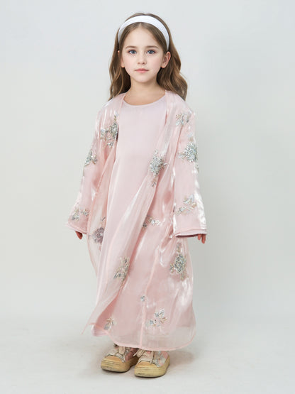 MK2525 Muslim Girl Set 2-Piece Satin Dress and Silver Rose Abaya