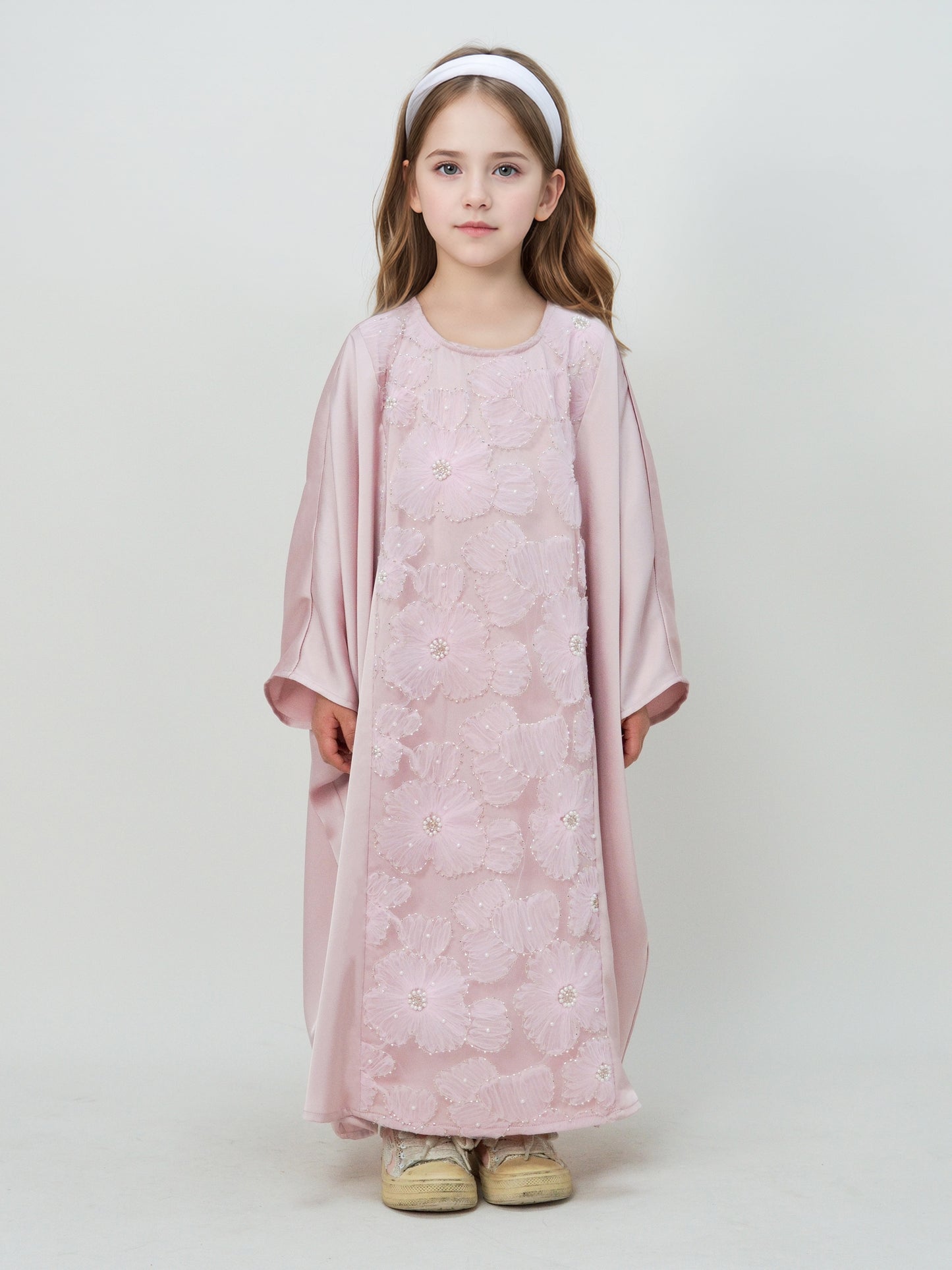 MK2727 Muslim Girl's Kaftan, Satin Solid Color Batwing Sleeve, Flower Beaded Abaya for All Seasons, Elegant Loose-Fitting Dress