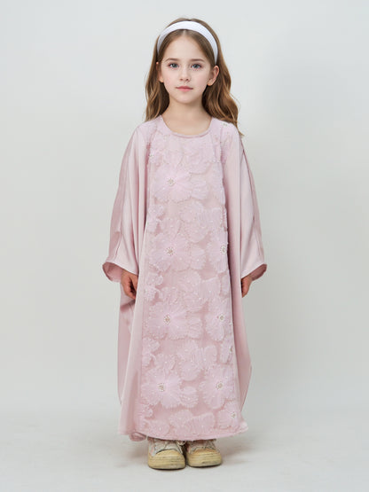 MK2727 Muslim Girl's Kaftan, Satin Solid Color Batwing Sleeve, Flower Beaded Abaya for All Seasons, Elegant Loose-Fitting Dress