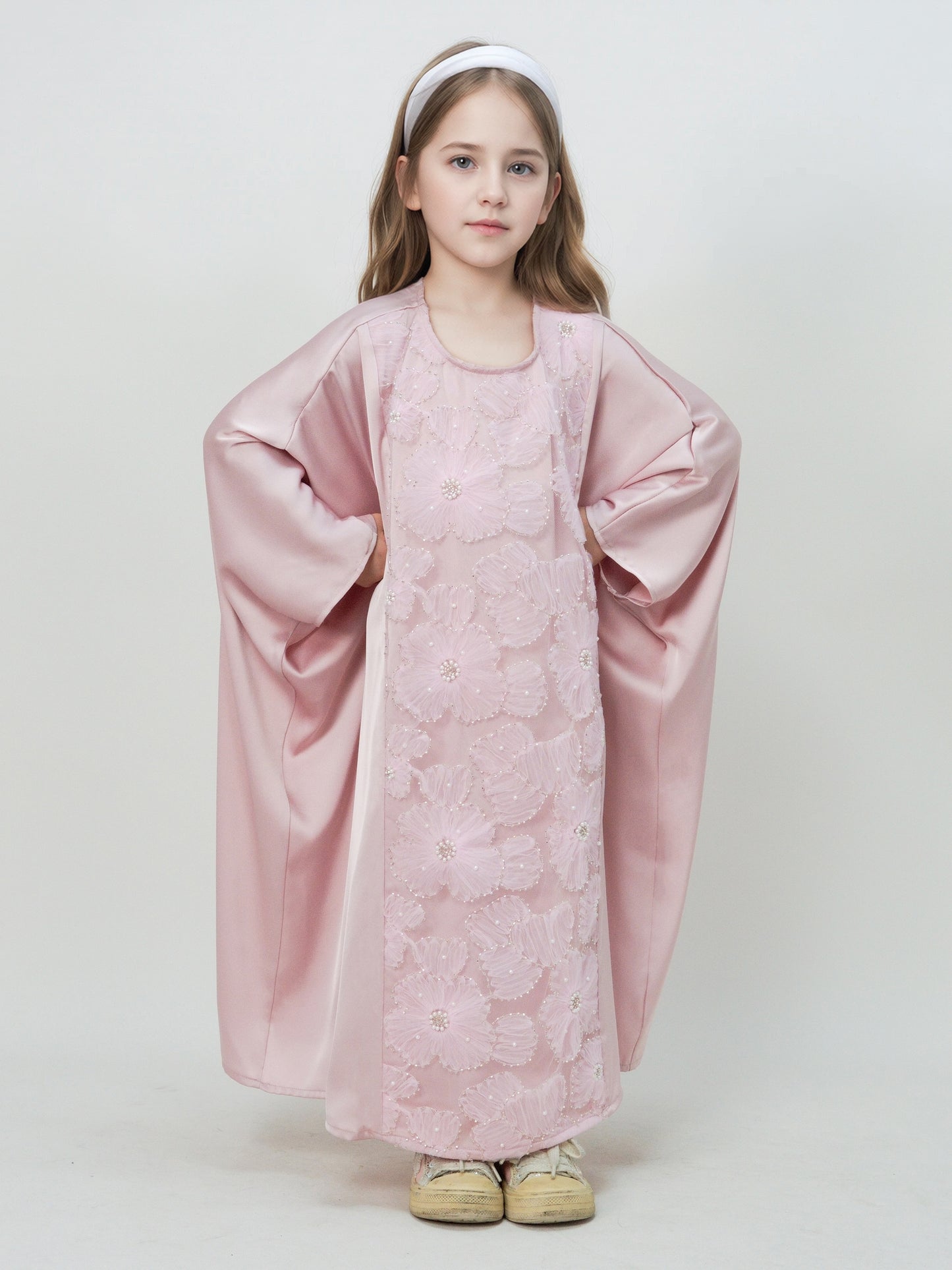 MK2727 Muslim Girl's Kaftan, Satin Solid Color Batwing Sleeve, Flower Beaded Abaya for All Seasons, Elegant Loose-Fitting Dress