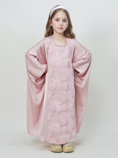 MK2727 Muslim Girl's Kaftan, Satin Solid Color Batwing Sleeve, Flower Beaded Abaya for All Seasons, Elegant Loose-Fitting Dress