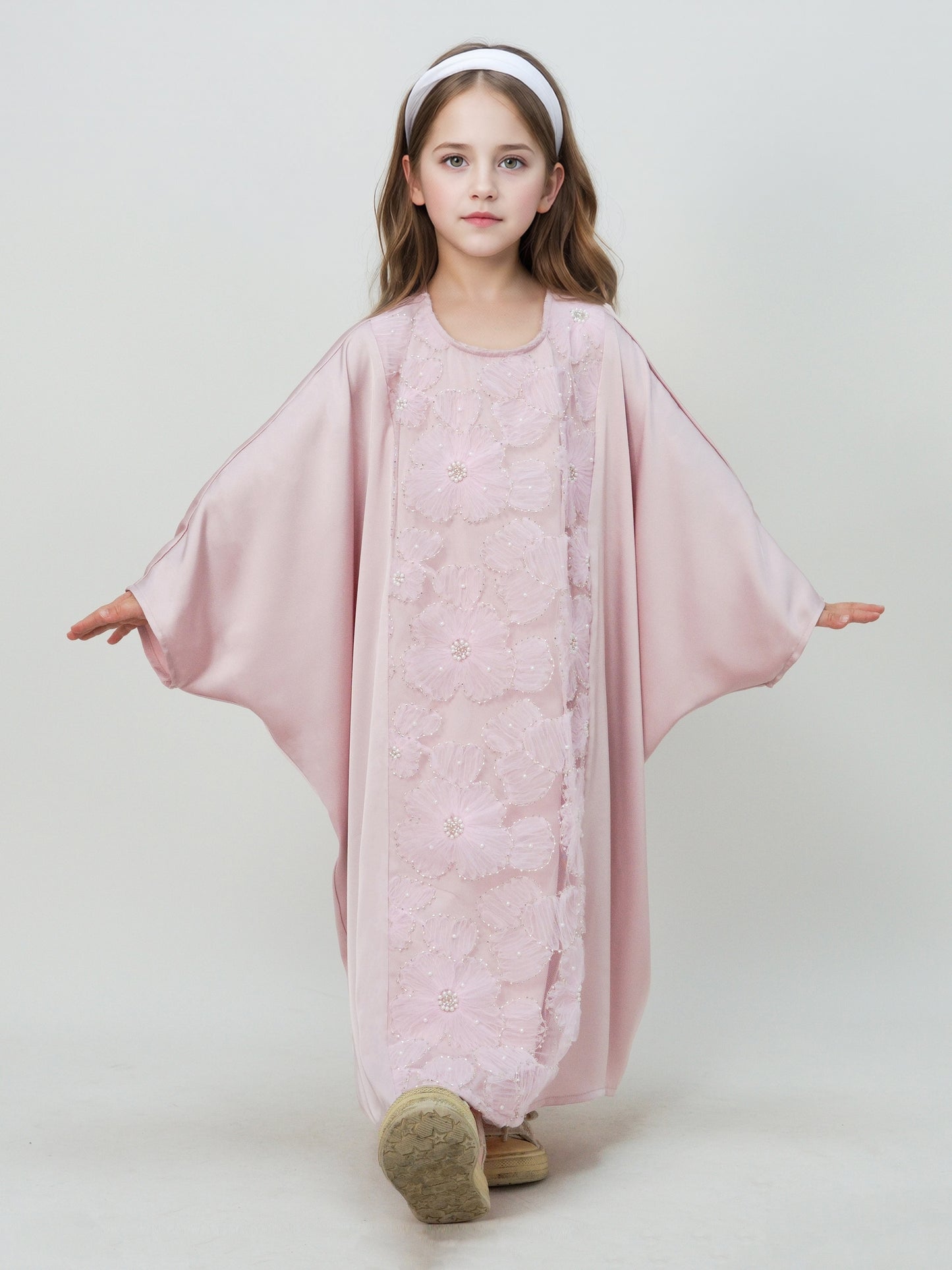 MK2727 Muslim Girl's Kaftan, Satin Solid Color Batwing Sleeve, Flower Beaded Abaya for All Seasons, Elegant Loose-Fitting Dress
