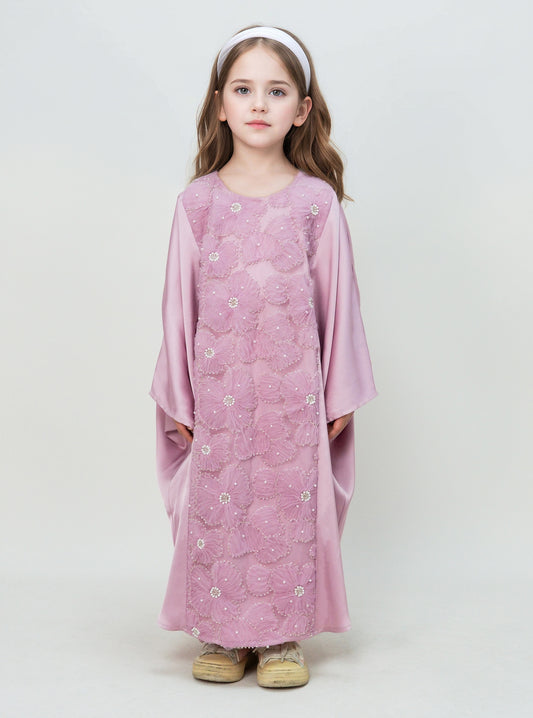 MK2727 Muslim Girl's Kaftan, Satin Solid Color Batwing Sleeve, Flower Beaded Abaya for All Seasons, Elegant Loose-Fitting Dress