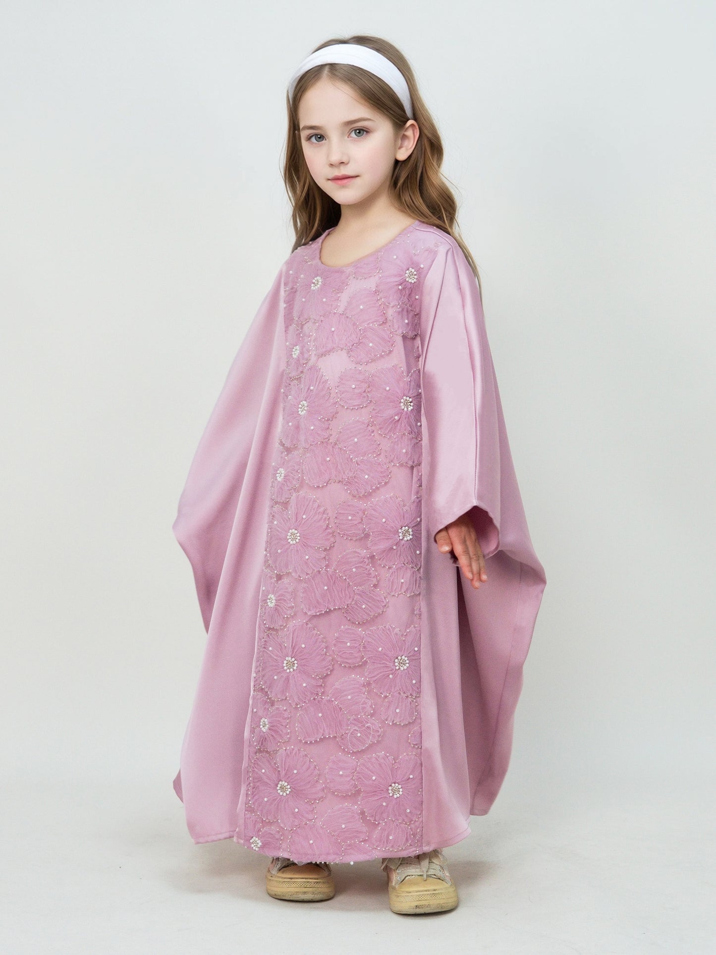 MK2727 Muslim Girl's Kaftan, Satin Solid Color Batwing Sleeve, Flower Beaded Abaya for All Seasons, Elegant Loose-Fitting Dress